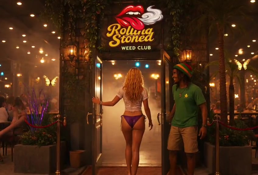 Rolling Stoned Weed Club entrance at night with the lips logo